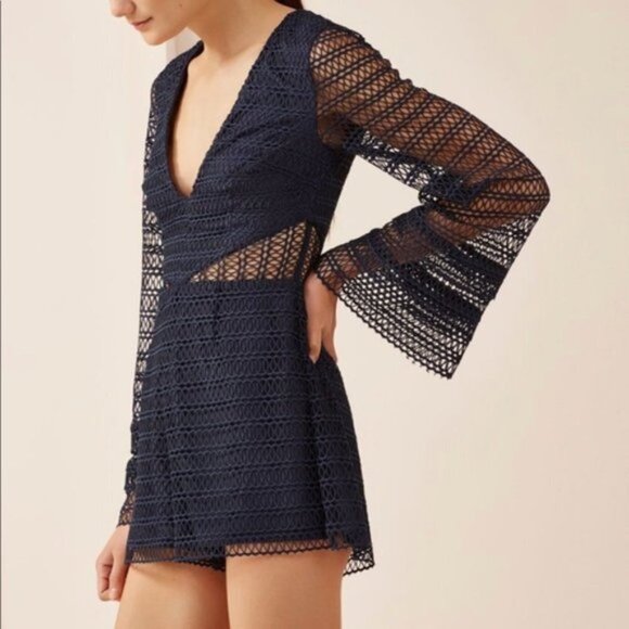 NWT Keepsake the Label navy blue lace-like long sleeve romper, M - Picture 3 of 10